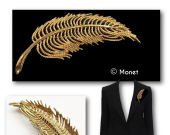 Vintage Monet Feather Brooch, Pin, Monet Fern, Monet Leaf,  Brooch, 80s, Large, Gold tone, Vintage Gift, Boutonnière, Monet Jewelry, Wedding