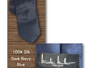 Vintage NICOLE MILLER, New York, NYC, Necktie, Tie, Solid Color, Solid Blue, Dark Blue, All Silk, Wedding Tie, Formal, Dressy, Silk Fabric