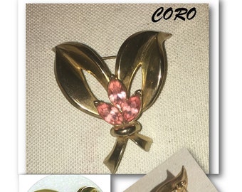 Vintage CORO Pin, Brooch, Gold Tone, Pink, Rhinestones, Vintage Jewelry, Vintage Coro, MCM, Leaf, Boutonniere,  Mid Century, 1950s Jewelry