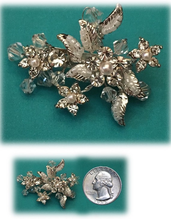 Vintage Pin, Rhinestone, Pearl Pin, Silver Tone, … - image 2