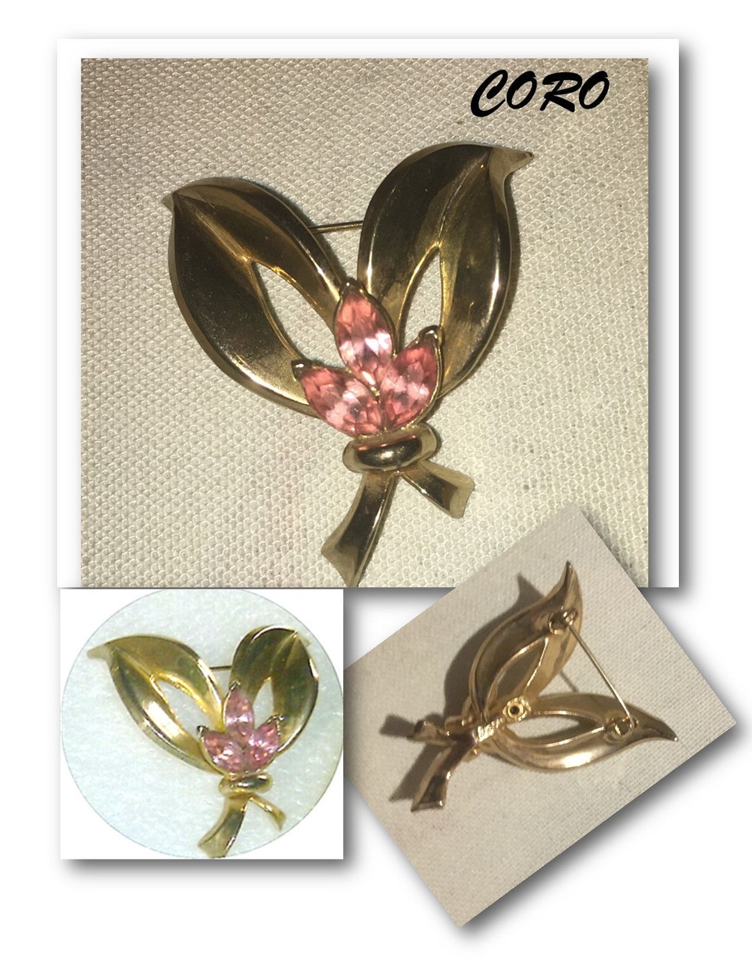 Vintage CORO Pin Brooch Gold Tone Pink Rhinestones Etsy