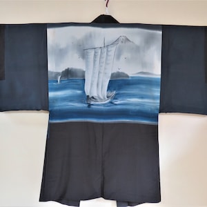 HAORI MENS / Vintage / Japanese Silk Mans Haori / Handpainted / Sailboats / Japanese Kimono Jacket / Gift for Him / Wear Art or Home Decor