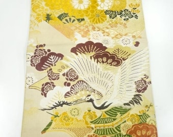 Vintage Japanese Silk Obi Table Runner / Kimono Belt, Cranes, Flowers, Art, Reversible, Home / Bed Decor, Gift for Her
