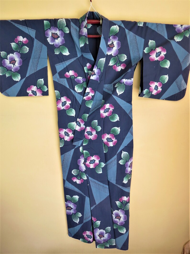 YUKATA / Kimono / Vintage Japanese Cotton Kimono / Gray Teal / - Etsy