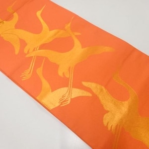 OBI TABLE RUNNER, Unused Vintage Japanese Silk Obi Kimono Belt, Cranes, Art Home Decor, Wall Hanging, Bed, Gift for Her, Salmon Pink-Orange