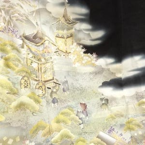 May include: An ornate, detailed illustration featuring a golden carriage and pagoda-style structures set against a backdrop of stylized clouds and foliage. The color palette includes gold, cream, and black.