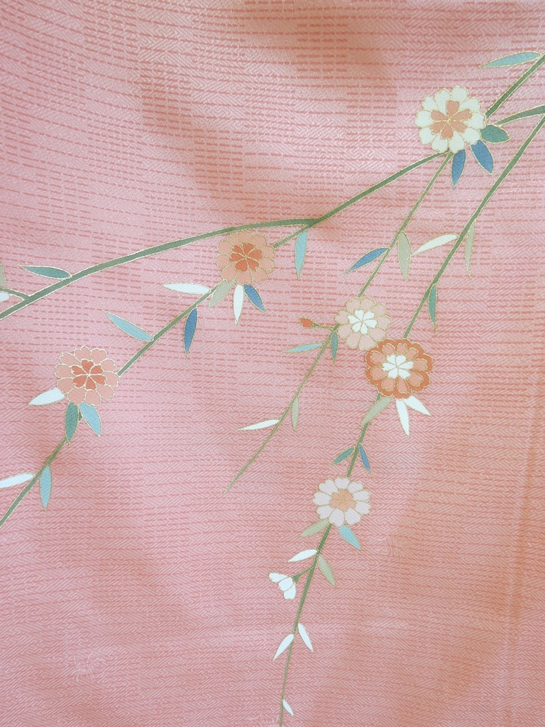 SILK KIMONO FABRIC Vintage Japanese Silk Fabric from Vintage Unused Kimono HandPainted Pink Flower Floral Patterned Silk Fabric14W x 75 L