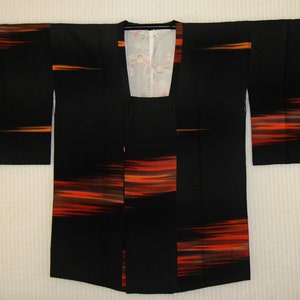 Sunset Black Silk Kimono Jacket / Vintage Japanese Silk Michiyuki Coat - Covered Buttons-   Gorgeous Lining - Hand-Sewn - Gift for Her