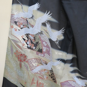 Kimono Art / Vintage Japanese Silk Tomesode/ Cranes, Fans, Flowers / Handpainted Vintage Japanese Summer Kimono / Gift for Her / Geisha Robe