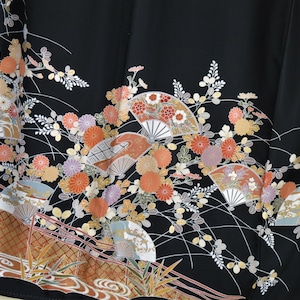 Kimono Artist Signed / Vintage Japanese Silk Tomesode / Handpainted Fans, Flowers, Stream / Wow Silk Kimono / Gift for Her / Geisha Robe