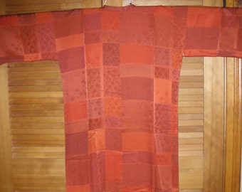 Vintage Japanese Silk Michiyuki Coat / Kimono Jacket, Covered Buttons, Hidden Pocket, Silk Lining, Hand-Sewn, Color-Block, Flowers, Gift Her