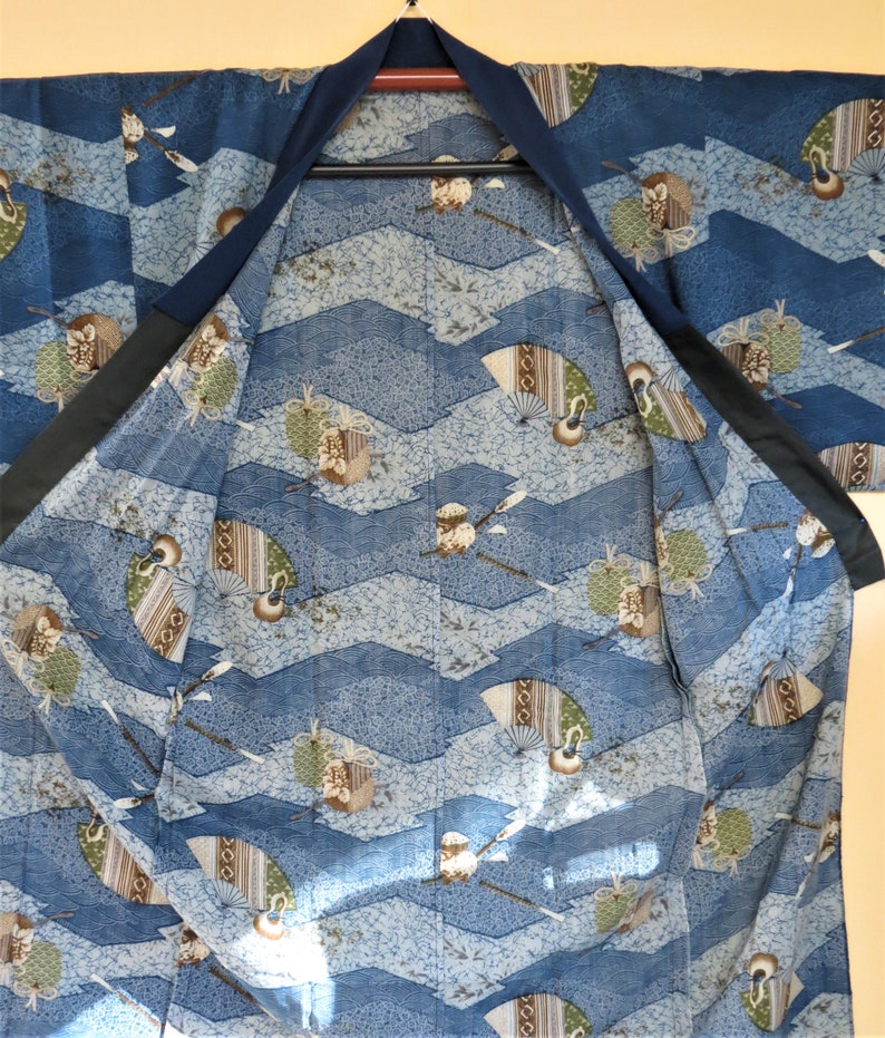 MENS KIMONO JUBAN Vintage Japanese Unworn Juban Underkimono UnLined Navy Collar Mans Japanese Juban Blue Kimono Fans Pottery Gourds Robe