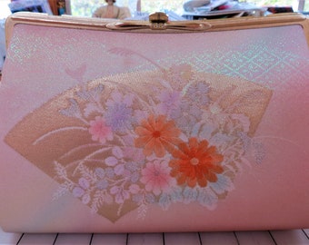 Kimono Bag / Vintage / Japanese SILK / Pink Gold Clutch / Chain Handle / Silk Bag / Flowers / Bride / Wedding / Prom / Date / Gift for Her