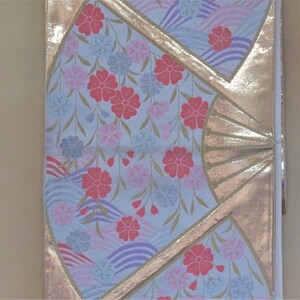 Small OBI TABLE TOPPER, From Unworn Vintage Japanese Silk Obi, Art, Fans Flowers Waves, Wall Hanging, Zen, 24K Gold, Gift for Her, 18&quot; Long