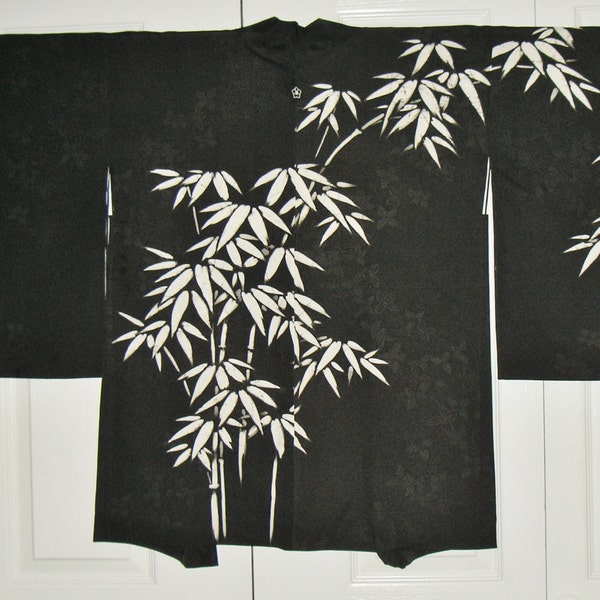 RESERVED FOR BILLI  Bamboo on Black Vintage Silk Japanese Haori - Batik - Like Bamboo on Black Silk w/ Lovely Subtle Woven Flowers Hand Sewn
