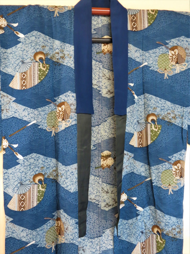 MENS KIMONO JUBAN Vintage Japanese Unworn Juban Underkimono UnLined Navy Collar Mans Japanese Juban Blue Kimono Fans Pottery Gourds Robe
