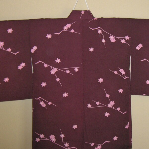 PLUM BLOSSOM Vintage Japanese Haori - Dyed Plum Blossoms on Burgundy Woven Silk Vintage Haori - Hand Sewn