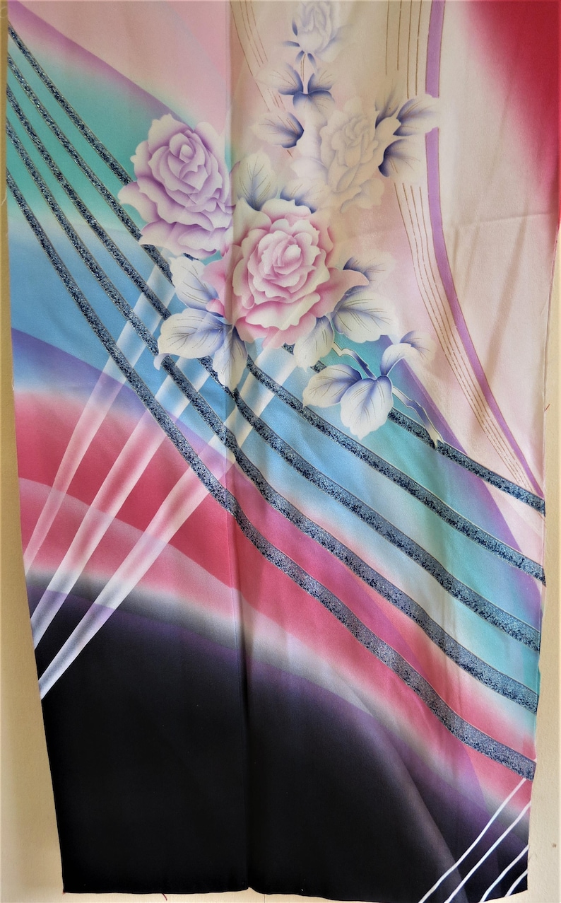 FABRIC Japanese Silk Fabric from a Vintage Furisode Kimono Rose Pink Blue Urushi Sparkle Rainbow Kimono Rose Crepe Silk Fabric 24 W X 67L