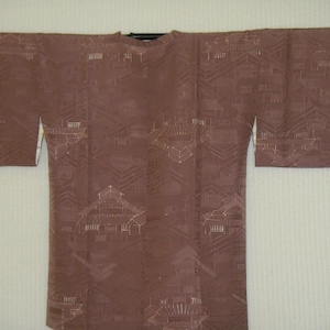 Batik Housing Landscape Kimono Jacket, Vintage Japanese Silk Michiyuki Coat, Covered Buttons Hidden Pocket, Handsewn Gift for Her