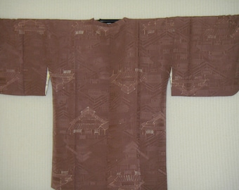 Batik Housing Landscape Kimono Jacket, Vintage Japanese Silk Michiyuki Coat, Covered Buttons Hidden Pocket, Handsewn Gift for Her