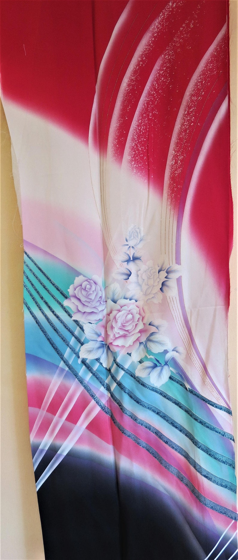 FABRIC Japanese Silk Fabric from a Vintage Furisode Kimono Rose Pink Blue Urushi Sparkle Rainbow Kimono Rose Crepe Silk Fabric 24 W X 67L