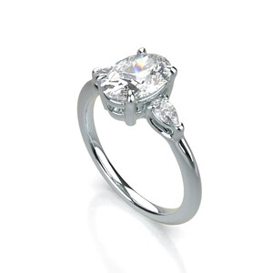14K Gold Oval Cut Lab Diamond Engagement Ring | Three-Stone Wedding Ring with Pear Diamond Accents | Timeless White Gold Bridal jewellery