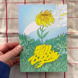 Postal We Will Bloom, tarjeta con notas florales exuberantes, impresión artística de alegres plantas y flores, 5" x 7"