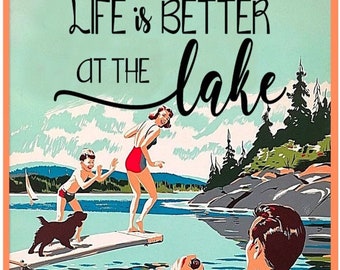 Life is better at the LAKE 2" x 3" Fridge Magnet Vintage Art