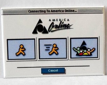 May include: A white computer screen with the text "Connecting To America Online..." and the America Online logo. There are three buttons with icons: a person walking, a person running, and a group of people.