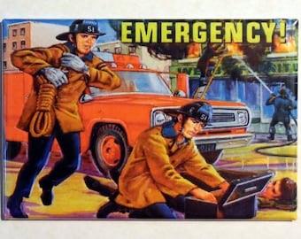May include: A vintage illustration of firefighters responding to an emergency. Two firefighters in red and yellow uniforms are standing next to a red fire truck with the words "EMERGENCY!" printed on the top of the image.