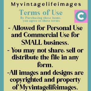 K&ouml;nnte beinhalten: Eine gelbe und blaugr&uuml;ne Grafik mit dem Text "Myvintagelifeimages" und "Nutzungsbedingungen". Der Text erkl&auml;rt, dass der K&auml;ufer durch den Kauf von Artikeln den Nutzungsbedingungen zustimmt. Die Nutzungsbedingungen lauten wie folgt: Zul&auml;ssig f&uuml;r den pers&ouml;nlichen und kommerziellen Gebrauch f&uuml;r KLEINE Unternehmen. Sie d&uuml;rfen die Datei nicht teilen, verkaufen oder verbreiten, in keiner Form. Alle Bilder und Designs sind urheberrechtlich gesch&uuml;tzt und Eigentum von Myvintagelifeimages.