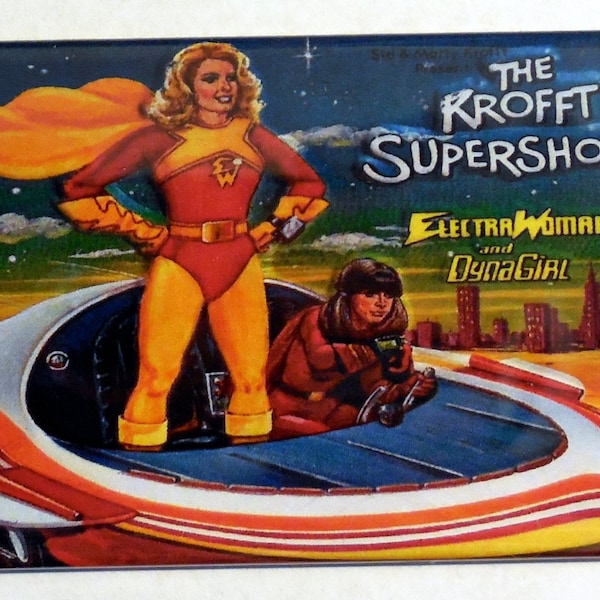 ELECTRA Woman & DYNA Girl Metal Lunchbox 2" x 3" Fridge Magnet Art Vintage Krofft Supershow Tv show