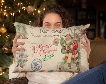 Vintage Christmas Postcard with Santa Clause Airmail Spun Polyester Lumbar Pillow