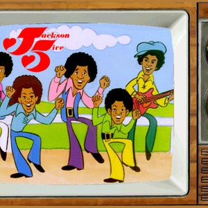 May include: A vintage television screen displaying a cartoon image of the Jackson 5 band, with the band members wearing colorful outfits and dancing. The television is brown wood with a silver face and knobs.