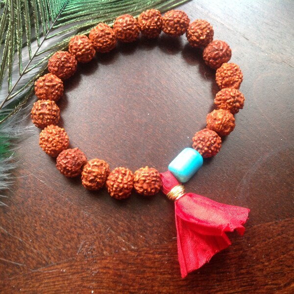 Rudraksha and Turquoise with Sari Silk Tassel Bracelet-Reiki-Yoga Jewelry-Mala