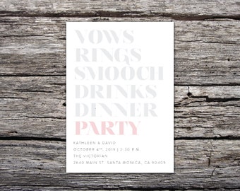 Vows Rings Smooch Drinks Dinner Party Wedding Invitation - Fun Wedding Invite - List Wedding Invite - Wedding Party Invite