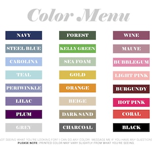 Pode incluir: Menu de cores com uma variedade de cores, incluindo azul marinho, floresta, vinho, azul a&ccedil;o, verde kelly, malva, carolina, espuma do mar, chiclete, azul esverdeado, ouro, rosa claro, periwinkle, laranja, bord&ocirc;, lil&aacute;s, bege, rosa quente, ameixa, areia escura, coral, cinza, carv&atilde;o e preto.
