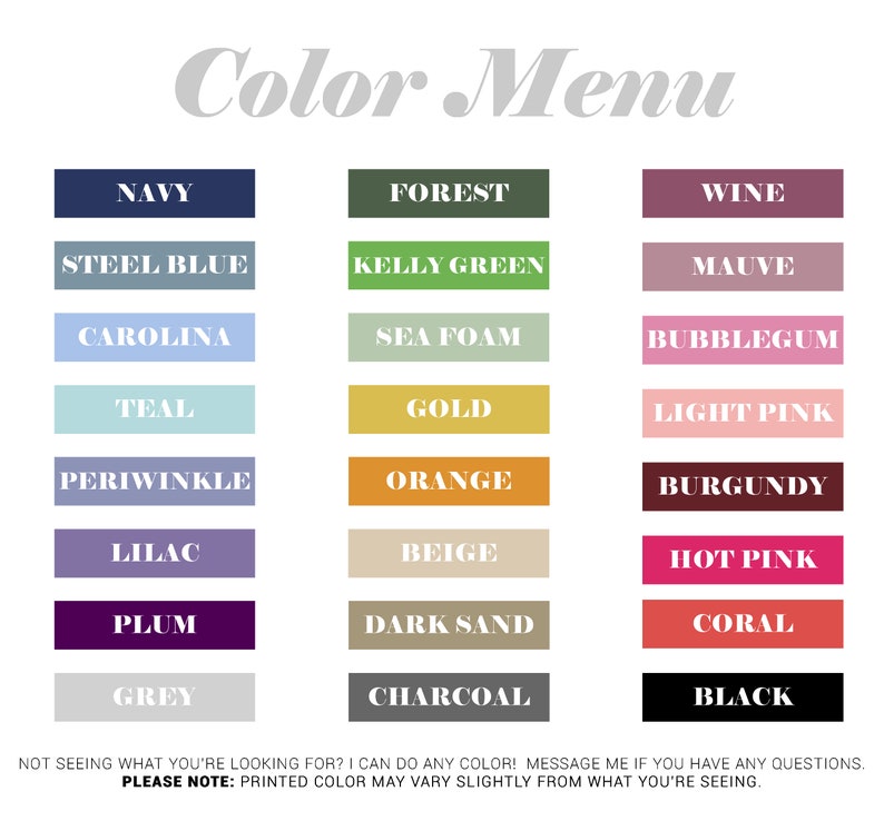 Pode incluir: Menu de cores com uma variedade de cores, incluindo azul marinho, floresta, vinho, azul a&ccedil;o, verde kelly, malva, carolina, espuma do mar, chiclete, azul esverdeado, ouro, rosa claro, periwinkle, laranja, bord&ocirc;, lil&aacute;s, bege, rosa quente, ameixa, areia escura, coral, cinza, carv&atilde;o e preto.