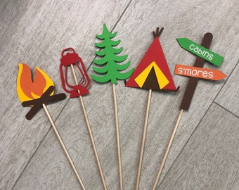 Happy Camper Camp Themed Birthday Party Centerpiece Picks/Camping Birthday Table Centerpiece/Table Decor