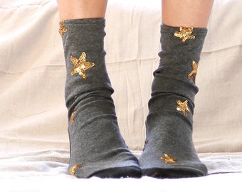 Gold Sequin Stars on Charcoal Grey Cotton Knit Handmade Socks