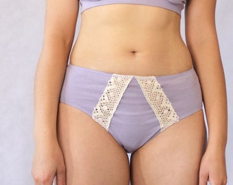 Organic Cotton Panties With Cotton Lace Inserts. Full coverage High Waist Underwear