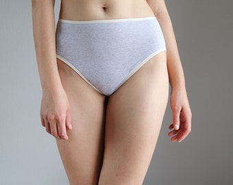 High Leg, High Waist Organic Cotton Panties. Grey with Ivory Trim