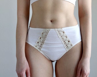 High Waist 100% Organic Cotton Panties With Cotton Lace Inserts. Natural