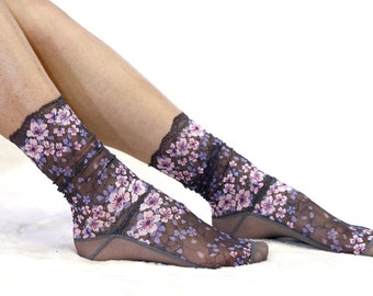 Embroidered Lace Women's Socks. Smoky Gray Floral