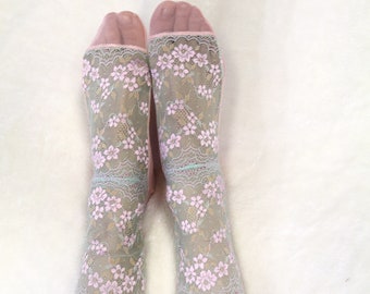 Embroidered Lace Women's Socks. Light Mint Green and pink