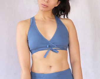 Blue Pure Organic Cotton Wrap Around bralette. Sensitive Skin Nursing Bra