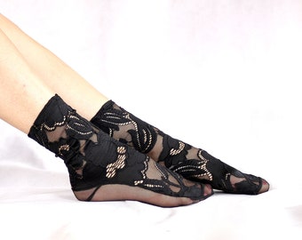 Black Embroidered Lace and Mesh Women's Socks