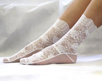 Handmade White Lace Socks, Delicate sheer Soft Socks
