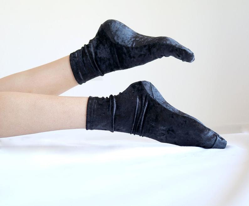 Light Blue Velvet Socks. Handmade Women's Socks Black