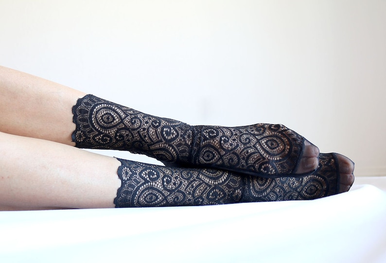 Black Scalloped Lace Socks and Mesh Socks. Handmade Womens Socks image 3